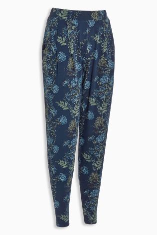 Navy Floral Print Tapered Trousers